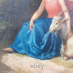 Old Oil Painting on Canvas of Girls with Goat Landscape Castle 18th Century