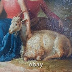 Old Oil Painting on Canvas of Girls with Goat Landscape Castle 18th Century