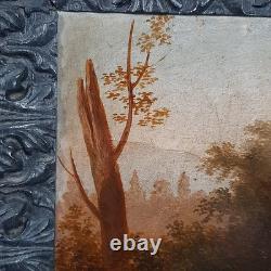 Old Oil Painting on Canvas of Girls with Goat Landscape Castle 18th Century