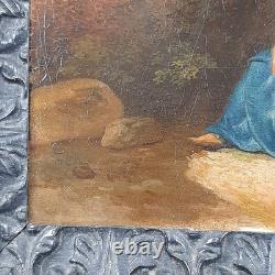 Old Oil Painting on Canvas of Girls with Goat Landscape Castle 18th Century