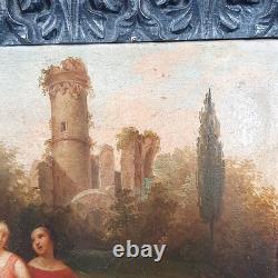 Old Oil Painting on Canvas of Girls with Goat Landscape Castle 18th Century