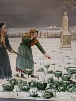 Old Oil Painting on Canvas of a Priest Hunting a Rabbit, Signed