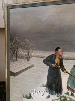 Old Oil Painting on Canvas of a Priest Hunting a Rabbit, Signed