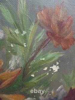 Old Oil Painting on Canvas still life flower bouquet signed M. Reheiser