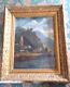 Old Oil Painting On Cardboard Lake Shore Old Gilded Wooden Frame