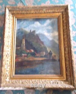Old Oil Painting on Cardboard Lake Shore Old Gilded Wooden Frame