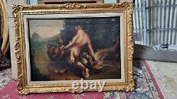 Old Oil Painting on Panel: Man Fighting Imaginary Animal, 18th 19th Century