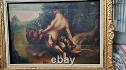 Old Oil Painting on Panel: Man Fighting Imaginary Animal, 18th 19th Century