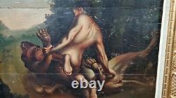 Old Oil Painting on Panel: Man Fighting Imaginary Animal, 18th 19th Century