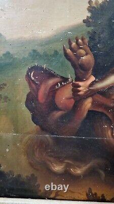 Old Oil Painting on Panel: Man Fighting Imaginary Animal, 18th 19th Century