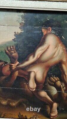 Old Oil Painting on Panel: Man Fighting Imaginary Animal, 18th 19th Century