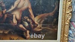 Old Oil Painting on Panel: Man Fighting Imaginary Animal, 18th 19th Century