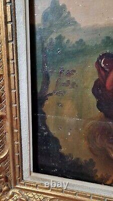 Old Oil Painting on Panel: Man Fighting Imaginary Animal, 18th 19th Century