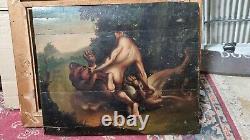 Old Oil Painting on Panel: Man Fighting Imaginary Animal, 18th 19th Century