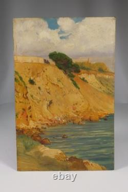 Old Oil Painting on Panel, Rocky Coast, Circa 1900