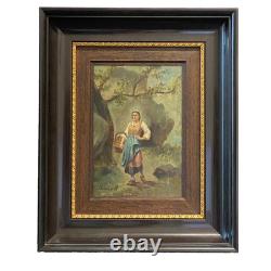 Old Oil Painting on Wood of a Woman in the Forest, Barbizon, Cheintreille, 19th Century