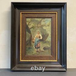 Old Oil Painting on Wood of a Woman in the Forest, Barbizon, Cheintreille, 19th Century