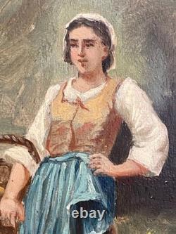 Old Oil Painting on Wood of a Woman in the Forest, Barbizon, Cheintreille, 19th Century