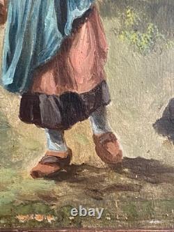 Old Oil Painting on Wood of a Woman in the Forest, Barbizon, Cheintreille, 19th Century