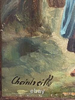 Old Oil Painting on Wood of a Woman in the Forest, Barbizon, Cheintreille, 19th Century