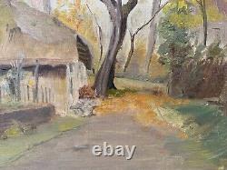 Old Oil on Canvas Autumn Village Signed at the bottom right Reckas