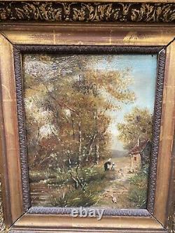 Old Oil on Canvas Landscape Countryside Woman with Child 19th Century