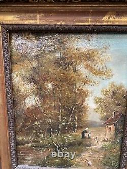 Old Oil on Canvas Landscape Countryside Woman with Child 19th Century