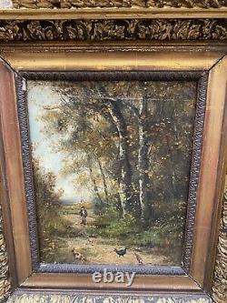 Old Oil on Canvas Landscape Forest Countryside Old Man with Hens 19th Century