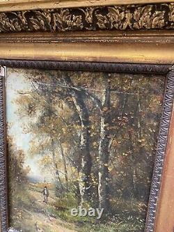 Old Oil on Canvas Landscape Forest Countryside Old Man with Hens 19th Century