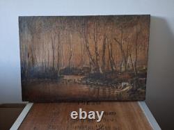 Old Oil on Canvas Landscape Underwood Washerwomen Signed A Grange 1934
