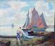 Old Oil On Canvas Painting Of Marine Boats Signed And Identified As Brittany