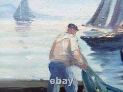 Old Oil on Canvas Painting of Marine Boats Signed and Identified as Brittany
