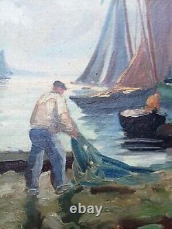 Old Oil on Canvas Painting of Marine Boats Signed and Identified as Brittany