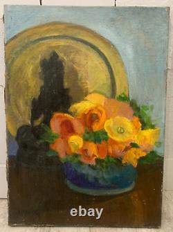 Old Oil on Canvas Still Life with Flowers Signed in the Lower Left