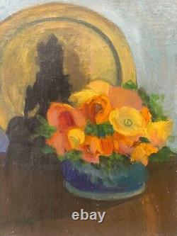 Old Oil on Canvas Still Life with Flowers Signed in the Lower Left