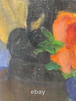 Old Oil on Canvas Still Life with Flowers Signed in the Lower Left