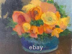 Old Oil on Canvas Still Life with Flowers Signed in the Lower Left