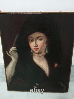 Old Oil on Canvas Tableau Portrait of a Woman from the 19th Century