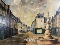 Old Oil on Canvas View of a Fountain, Signed and Dated 1912, Alsace