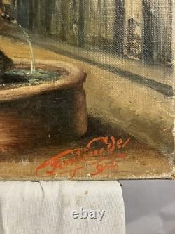 Old Oil on Canvas View of a Fountain, Signed and Dated 1912, Alsace