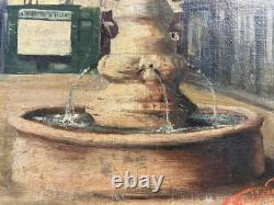 Old Oil on Canvas View of a Fountain, Signed and Dated 1912, Alsace