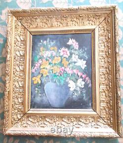 Old Oil on Cardboard Flower Bouquet in Old Gilded Wood Frame