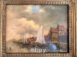 Old Oil on Wood Panel, Marine Boat, Dutch Flemish Port, 19th Century
