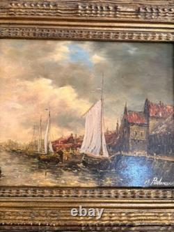 Old Oil on Wood Panel, Marine Boat, Dutch Flemish Port, 19th Century