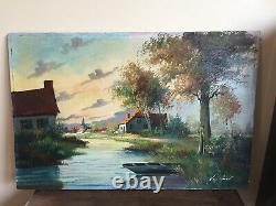 Old Oil-on-canvas Table To Be Defined (xxth-s) Village Border Water Courses