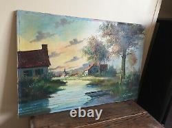 Old Oil-on-canvas Table To Be Defined (xxth-s) Village Border Water Courses
