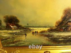 Old Oil on canvas signed, winter landscape frozen river with figures