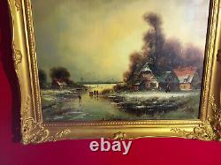 Old Oil on canvas signed, winter landscape frozen river with figures