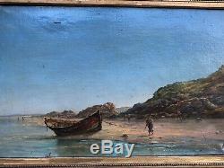 Old Paint Oil On Canvas Signed Return Fishing Jr 19th Marine Fishermen