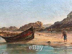 Old Paint Oil On Canvas Signed Return Fishing Jr 19th Marine Fishermen